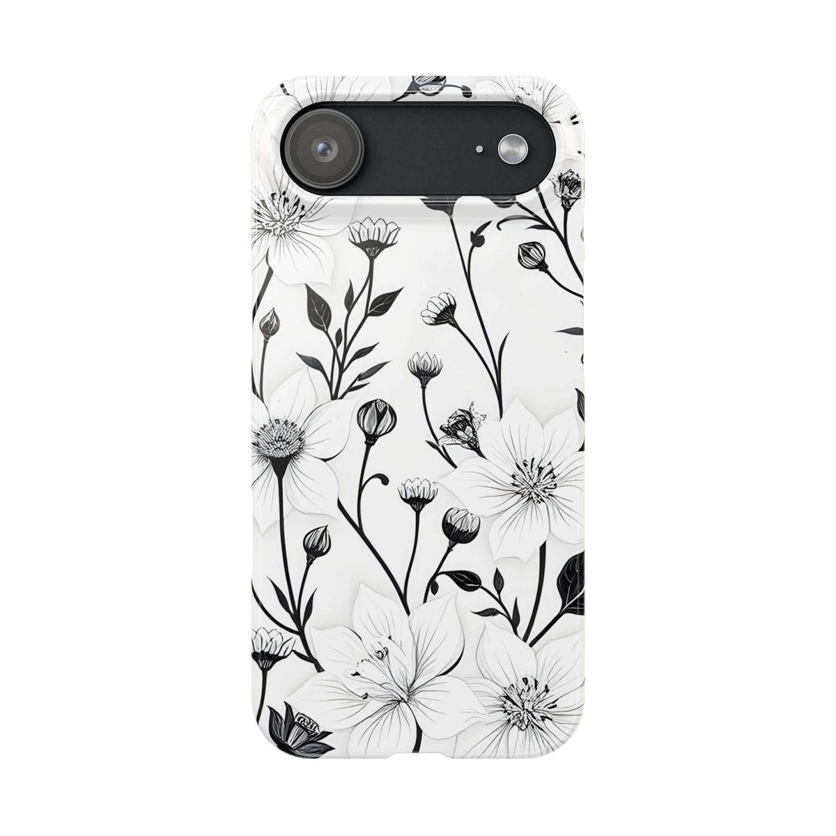 Monochrome floral phone case with prominent camera module and black-and-white botanicals.