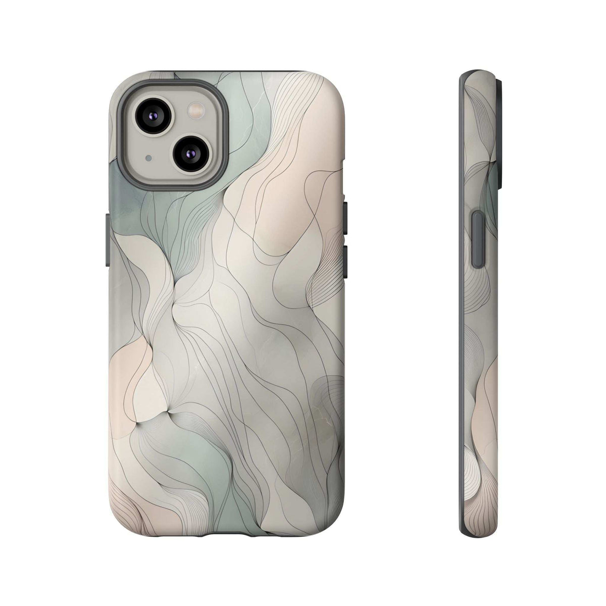 Pastel wave phone case, light beige with light blue wave line art; side buttons visible