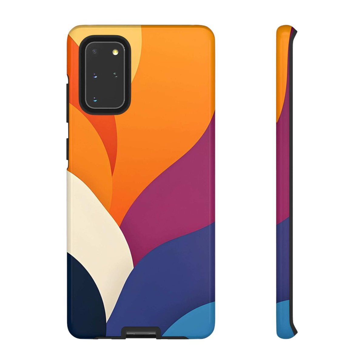 Phone case back and side view, orange-purple abstract design with camera cutout and side buttons
