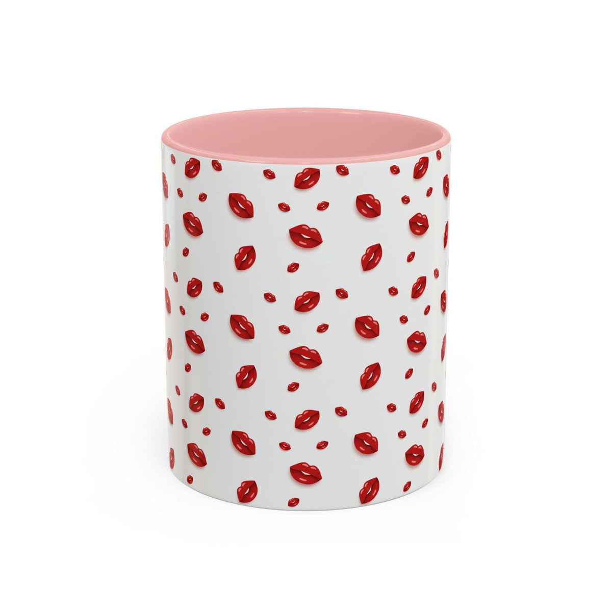 Ceramic coffee mug with red lips pattern and light pink interior rim