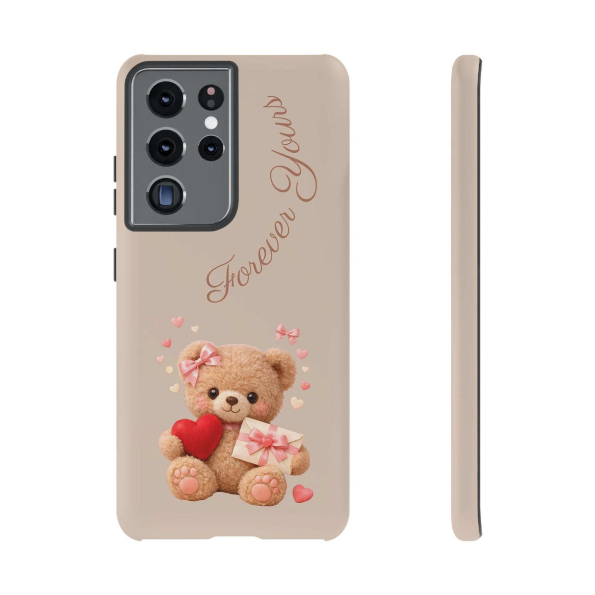 Beige phone case featuring teddy bear with red heart and pink gift, four-lens camera cutout