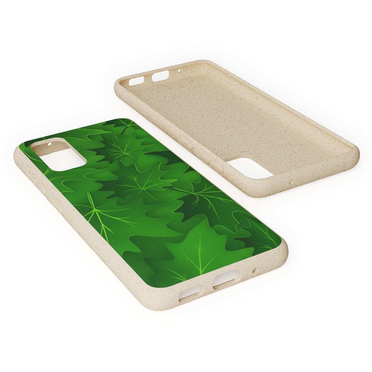 Green botanical leaf phone case with beige edges and side cutouts, angled view.