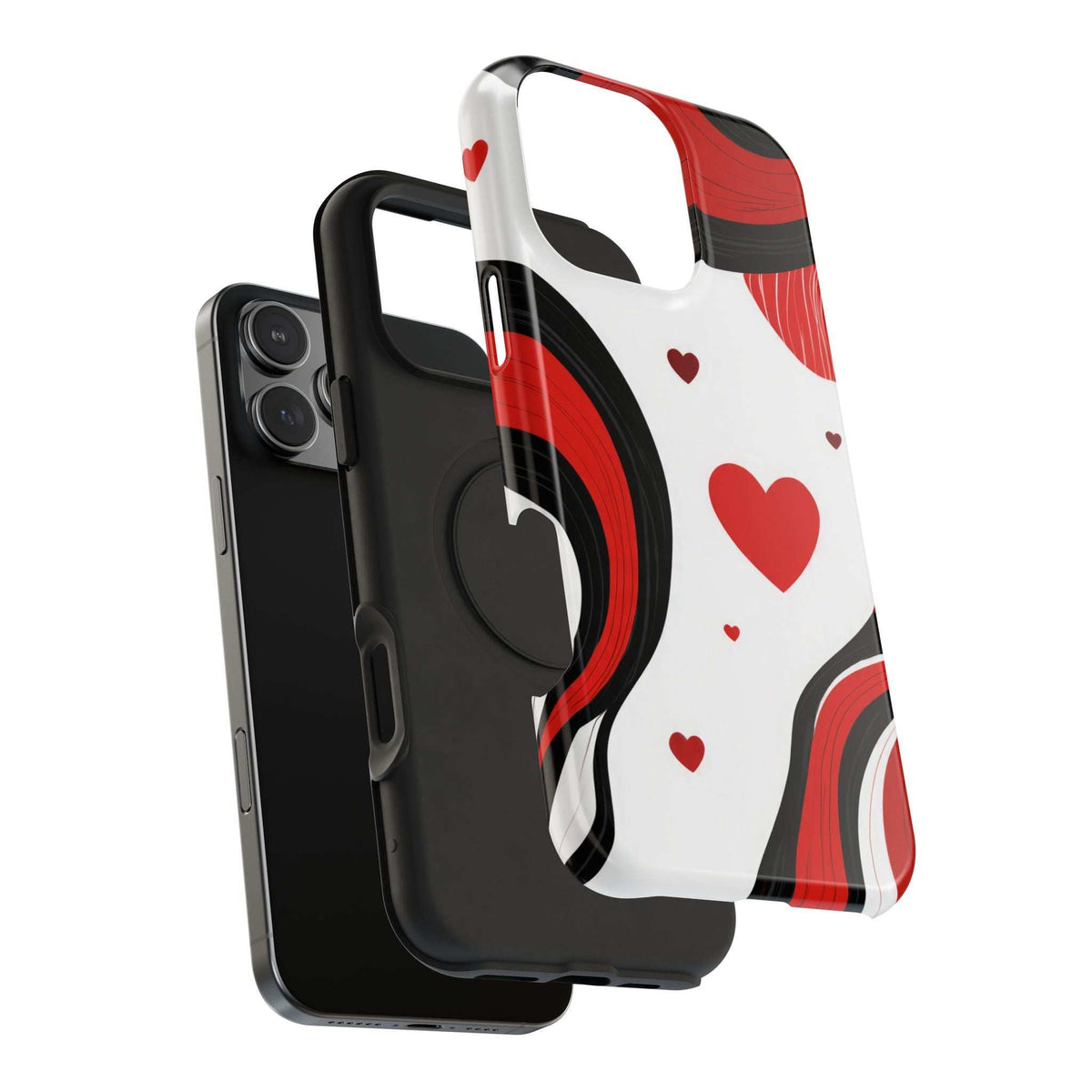 Red, white & black heart-pattern phone case with bumper edges and camera openings