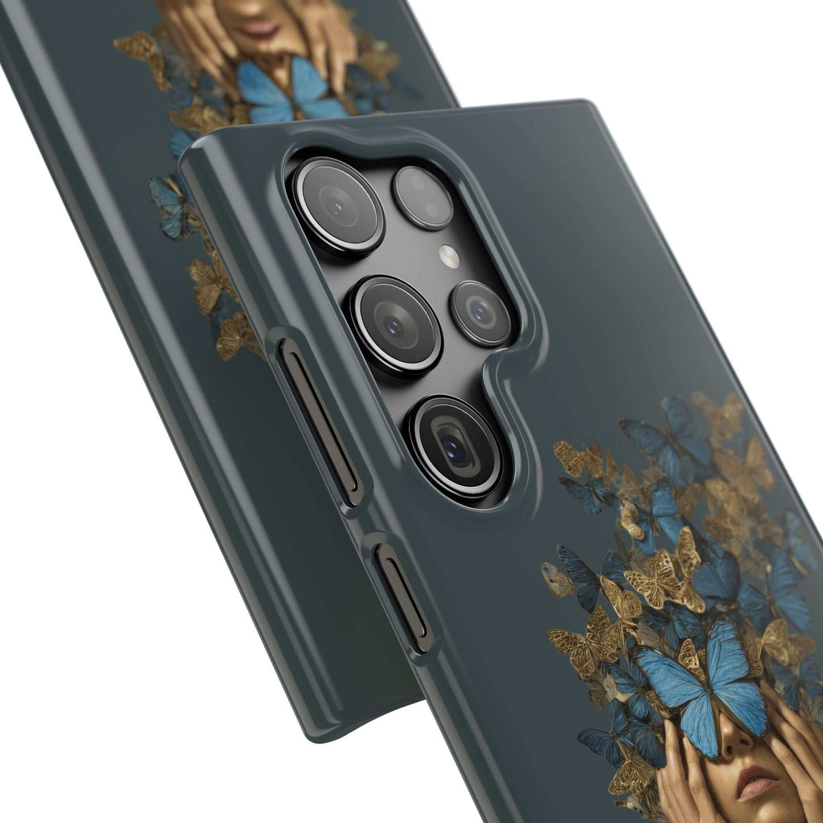 Dark gray phone case with butterfly crown portrait and detailed rear camera module openings
