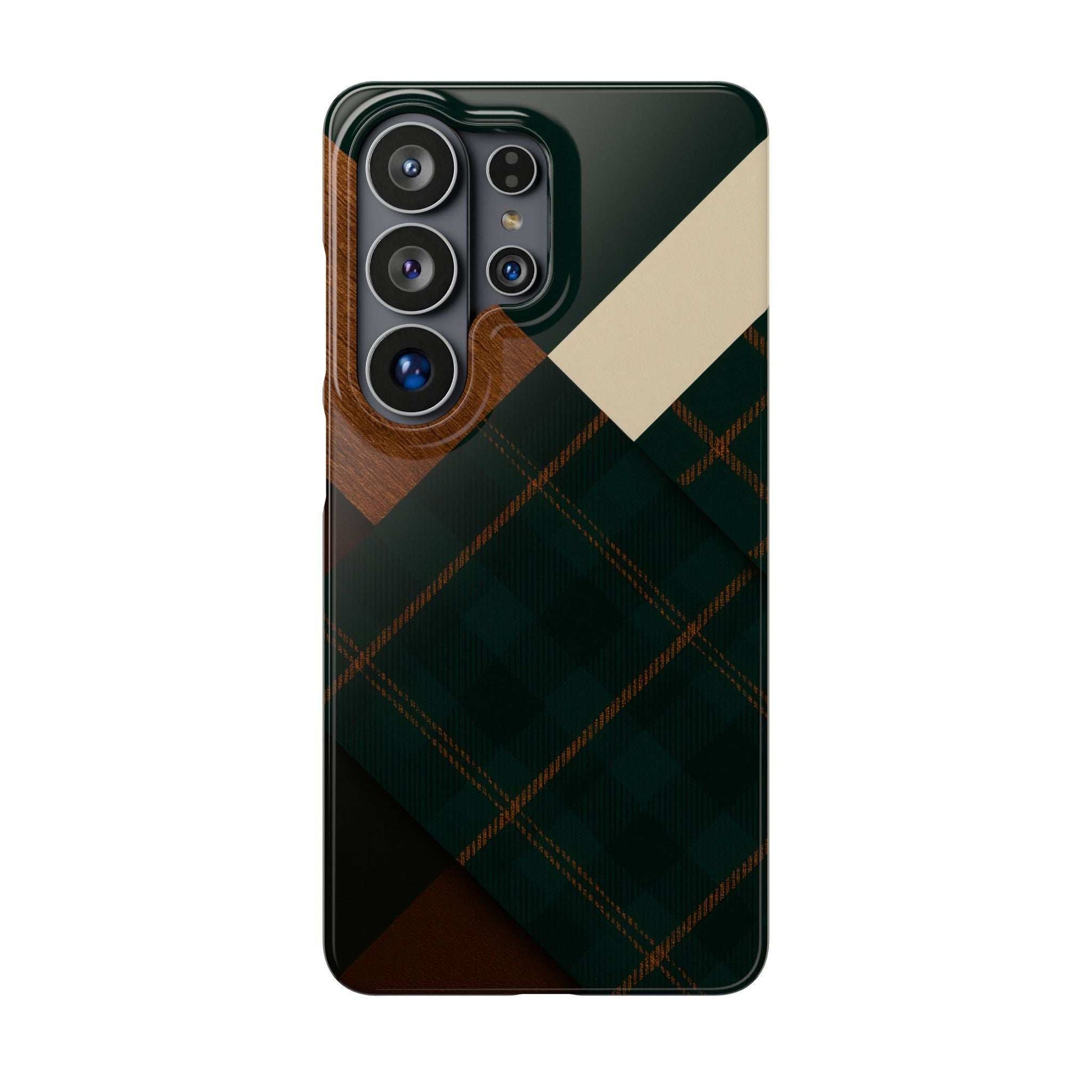 Rustic green phone case with wood texture, plaid grid, and camera lens protection