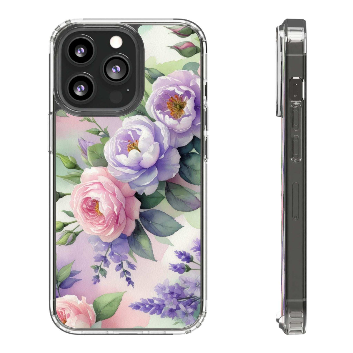 Clear floral phone case with pastel roses and lavender flowers, transparent edges and bumper