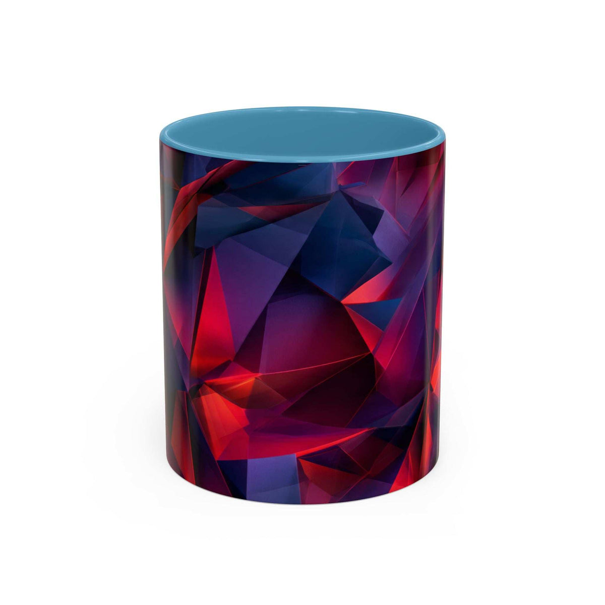 Ceramic coffee mug with geometric red and blue abstract pattern, light blue rim