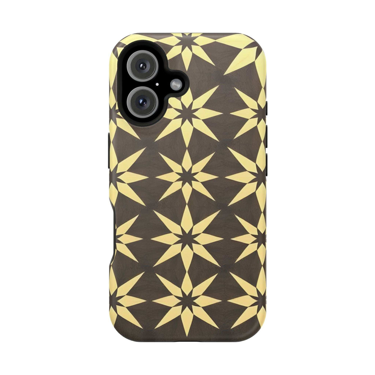 Phone case back with black and gold star geometric pattern, lens openings