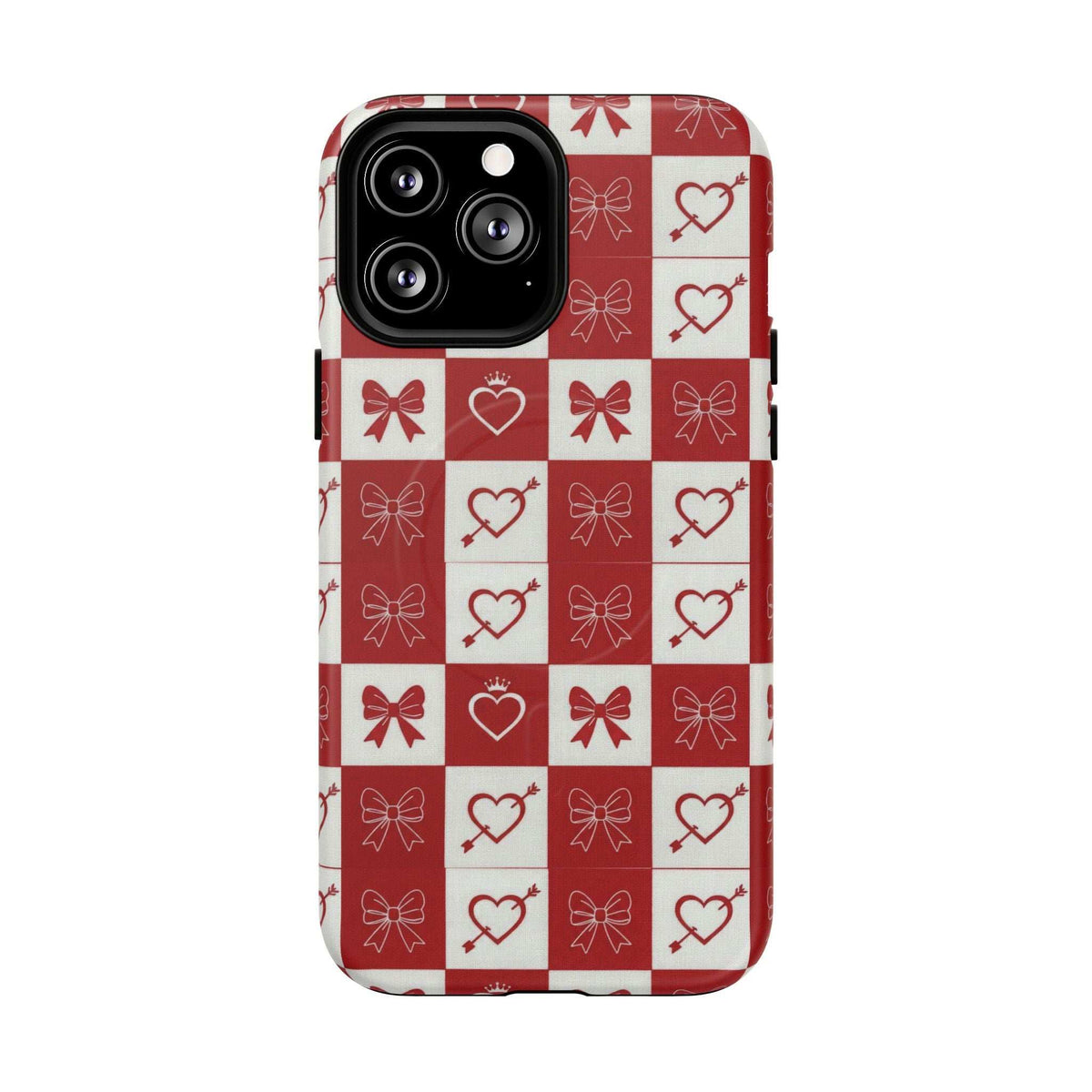 Red and white checkered phone case with hearts and bows, camera opening visible