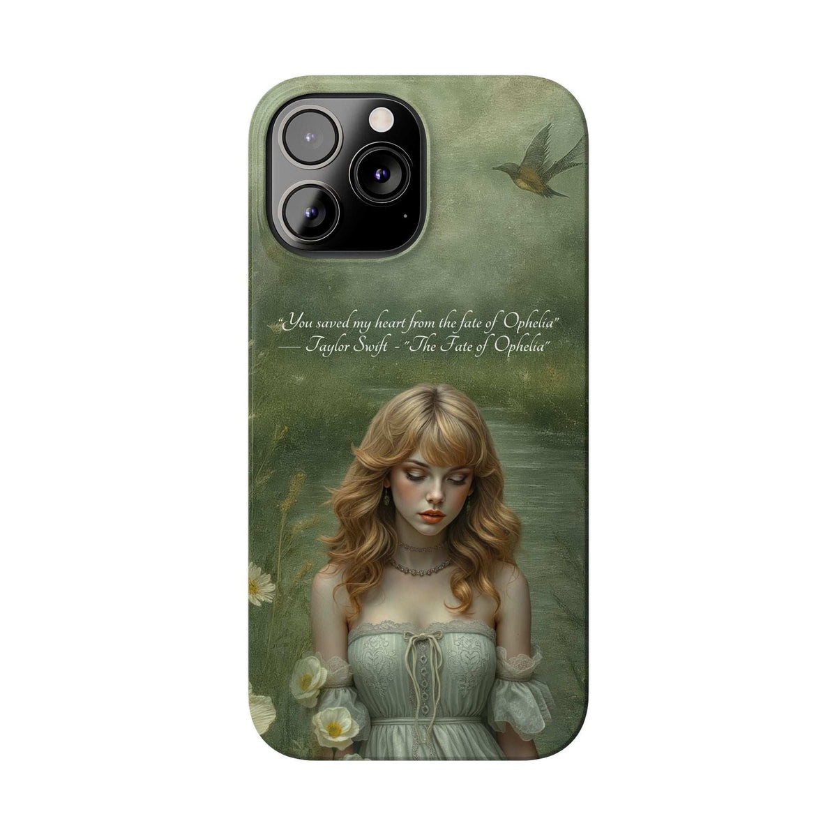 Green phone case with painted woman holding flowers; bird and camera cutout