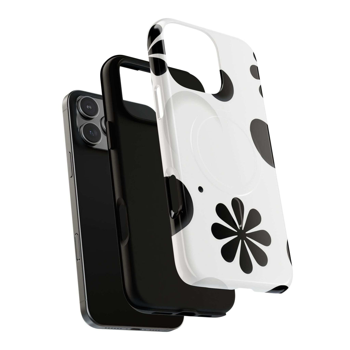 Magnetic phone case on phone, white back with black flower and petal shapes; side grip.