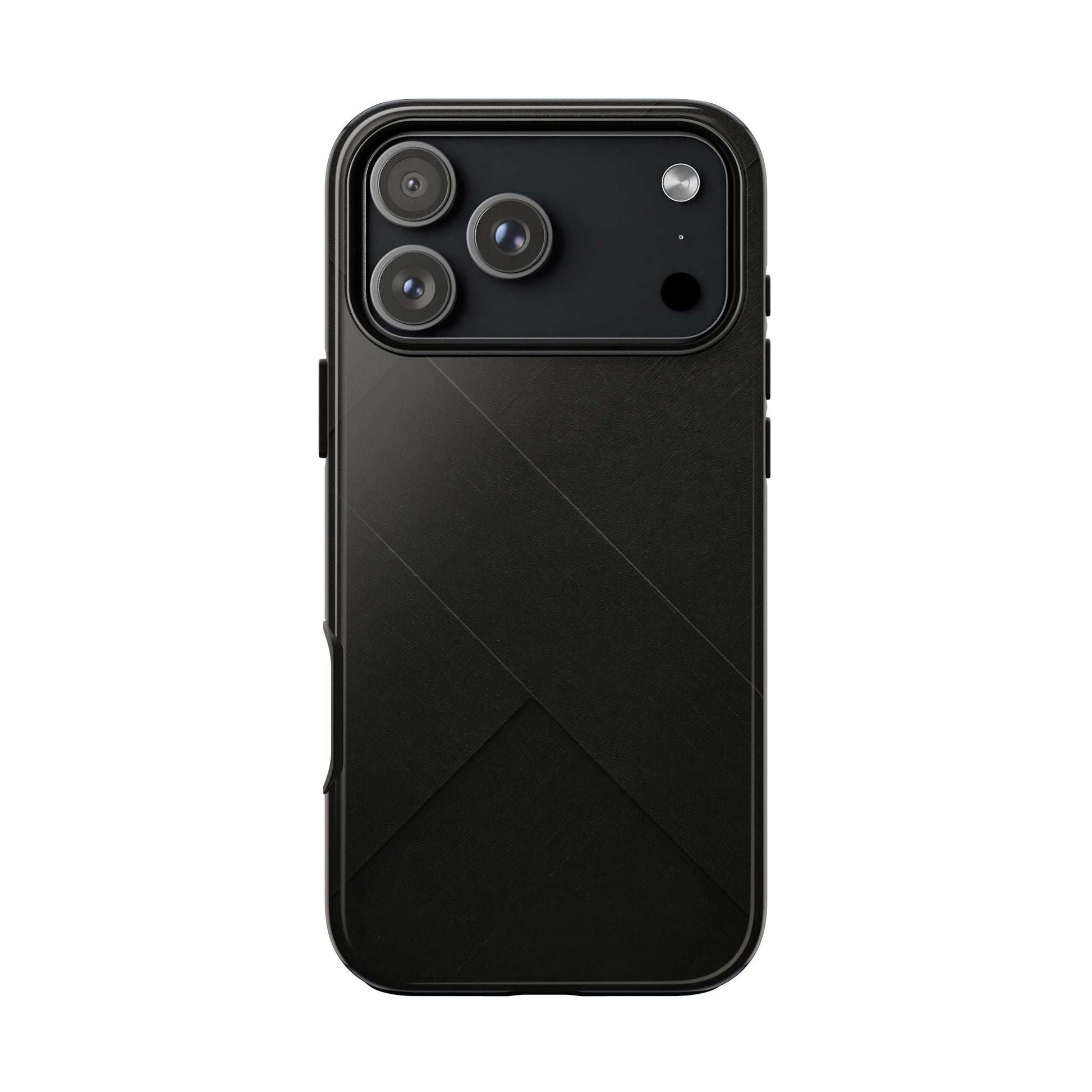 Matte black phone case with diagonal line pattern and triple camera cutouts