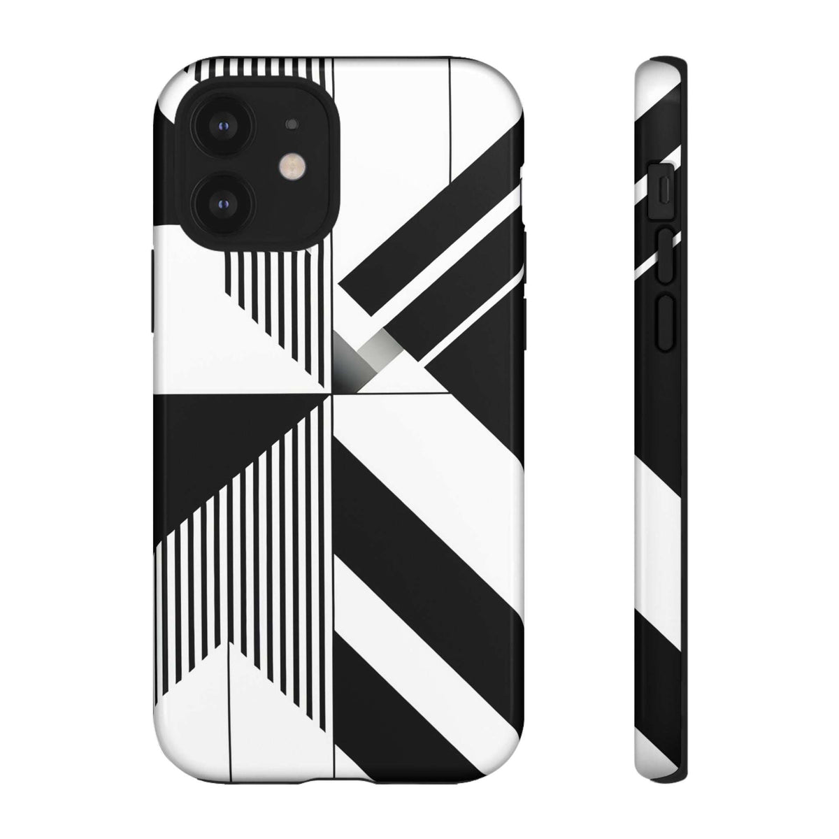 Monochrome tough phone case, black-and-white geometric stripe pattern with camera openings and side buttons