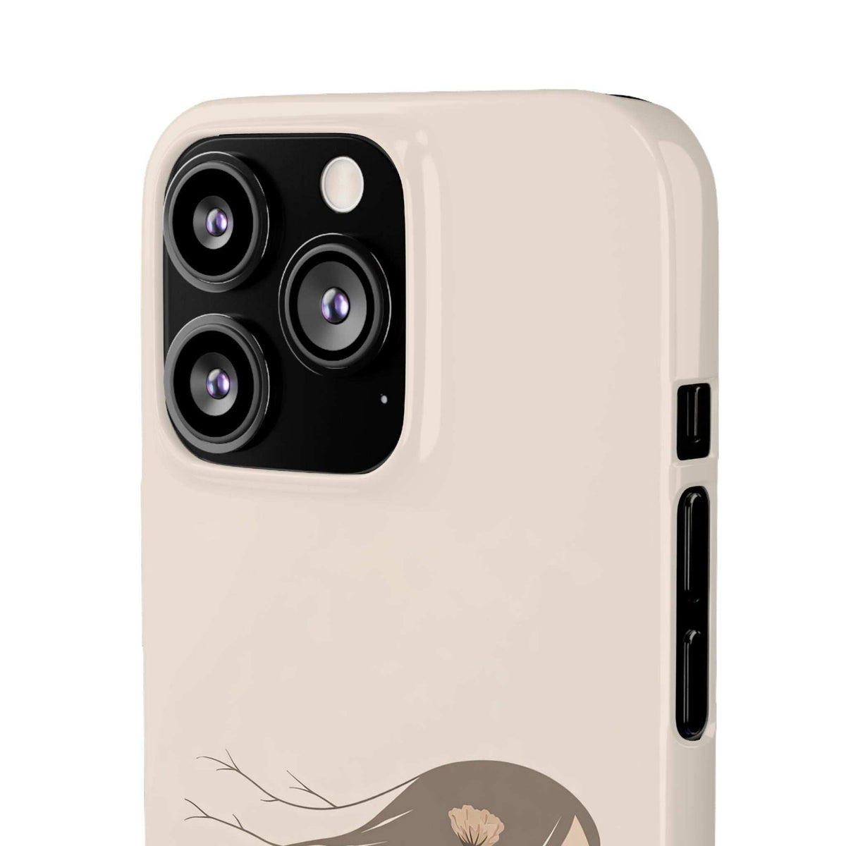 Beige phone case with floral silhouette, triple camera cutout and side port openings