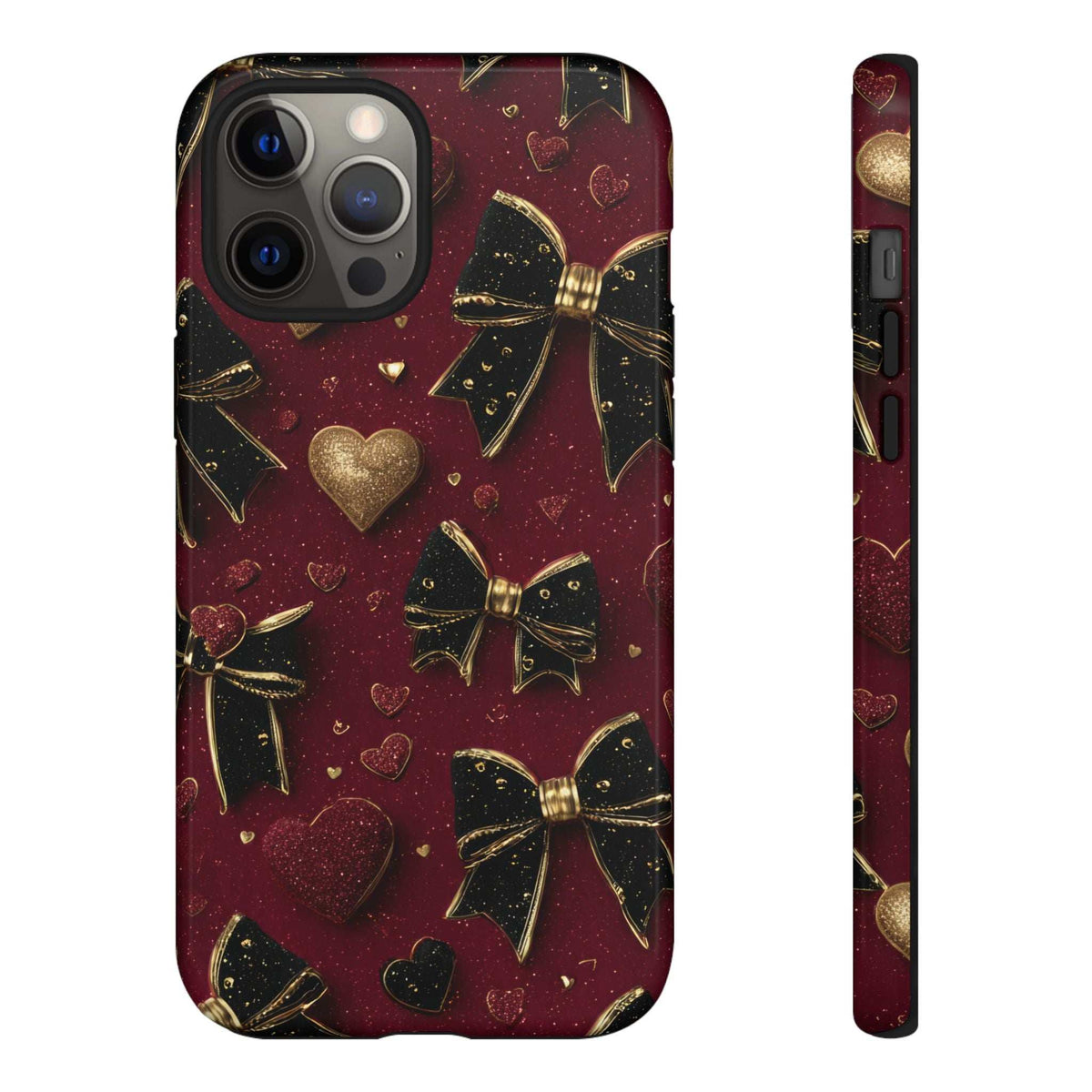 Maroon glossy Valentine charm phone case with gold hearts and bows, front and side views.
