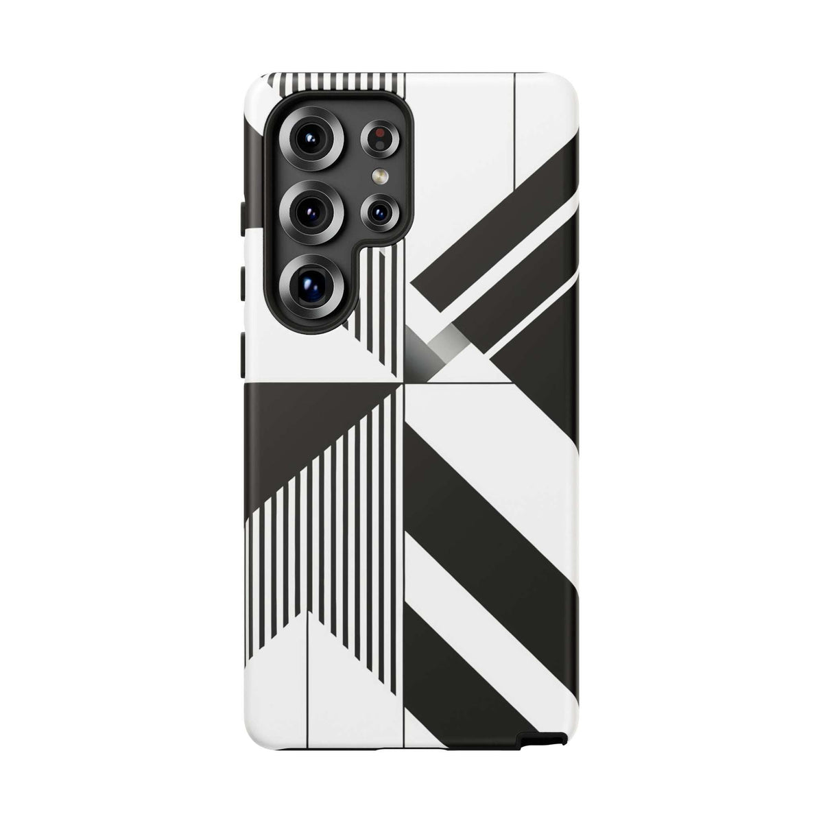 Tough phone case with monochrome diagonal stripes and multiple camera cutouts.