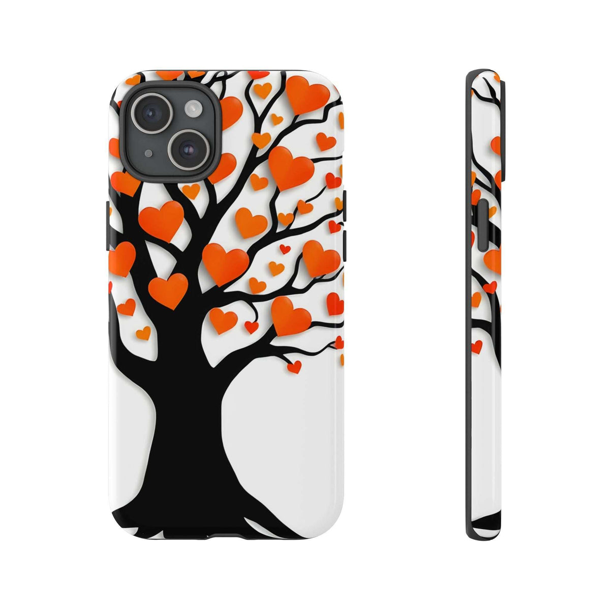Heart tree phone case with orange and red hearts; dual camera openings and raised edges.