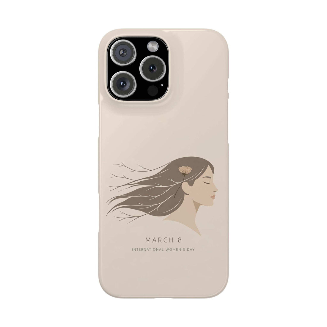 Beige phone case with women’s day profile graphic and camera cutouts.