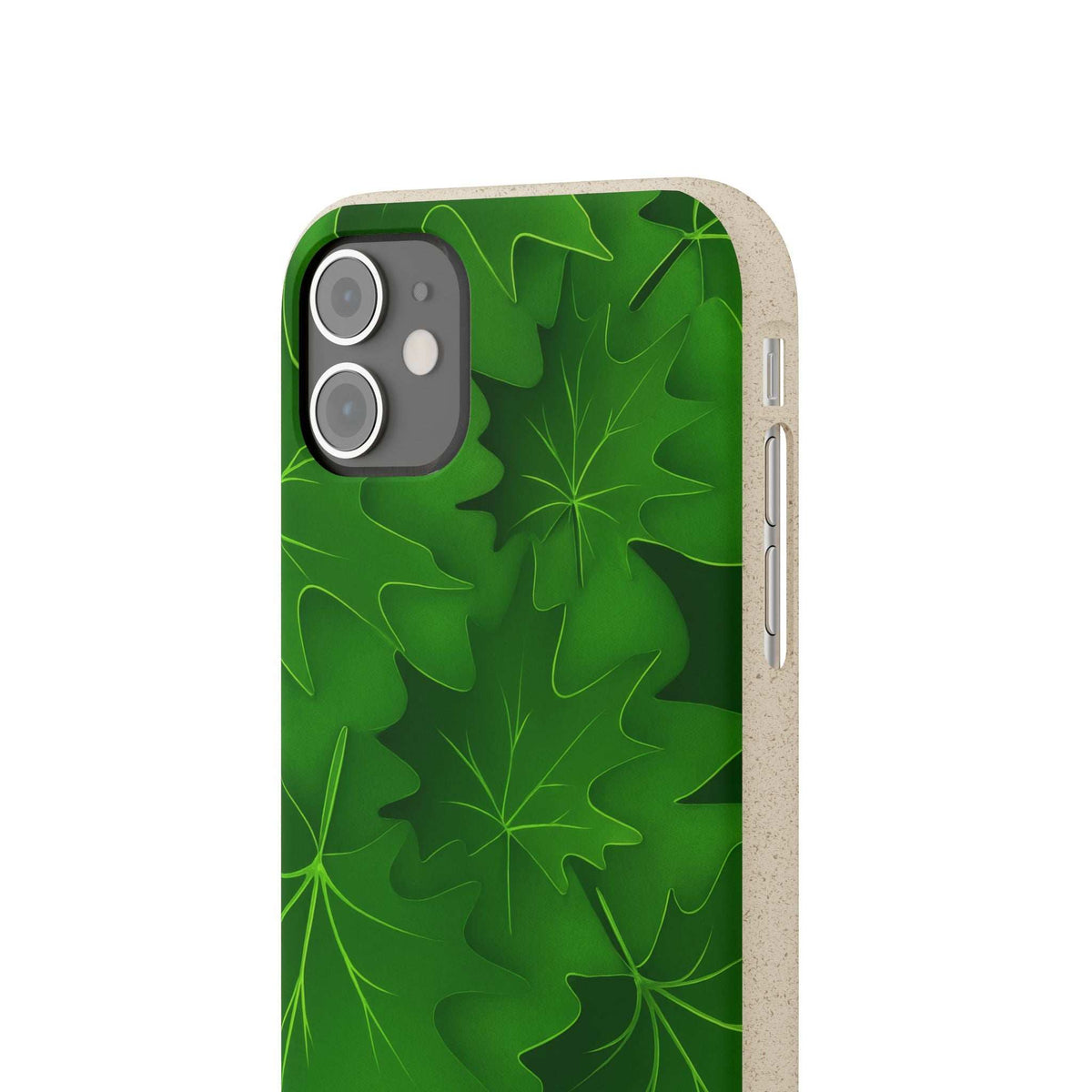 Green botanical leaf phone case side view with button openings and beige speckled edge