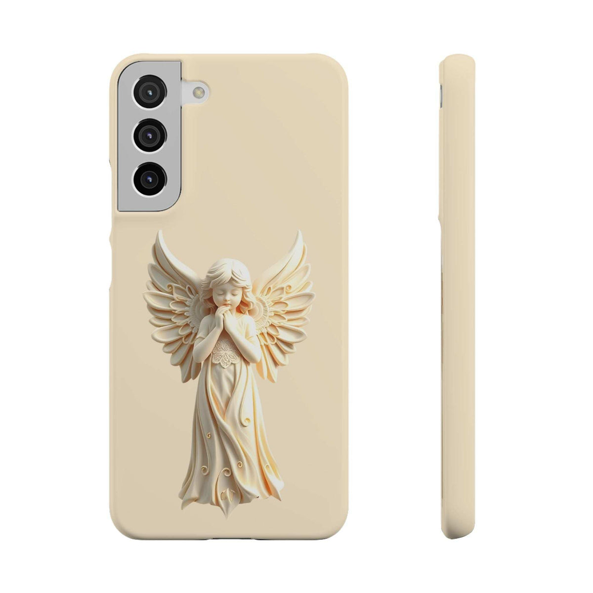 Cream phone case featuring an angel figure with three-lens camera cutout