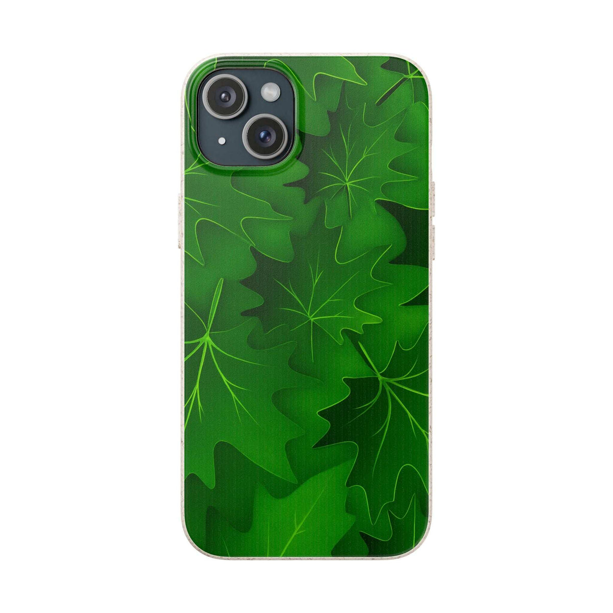Green phone case with botanical leaf design and front camera cutout on top-left