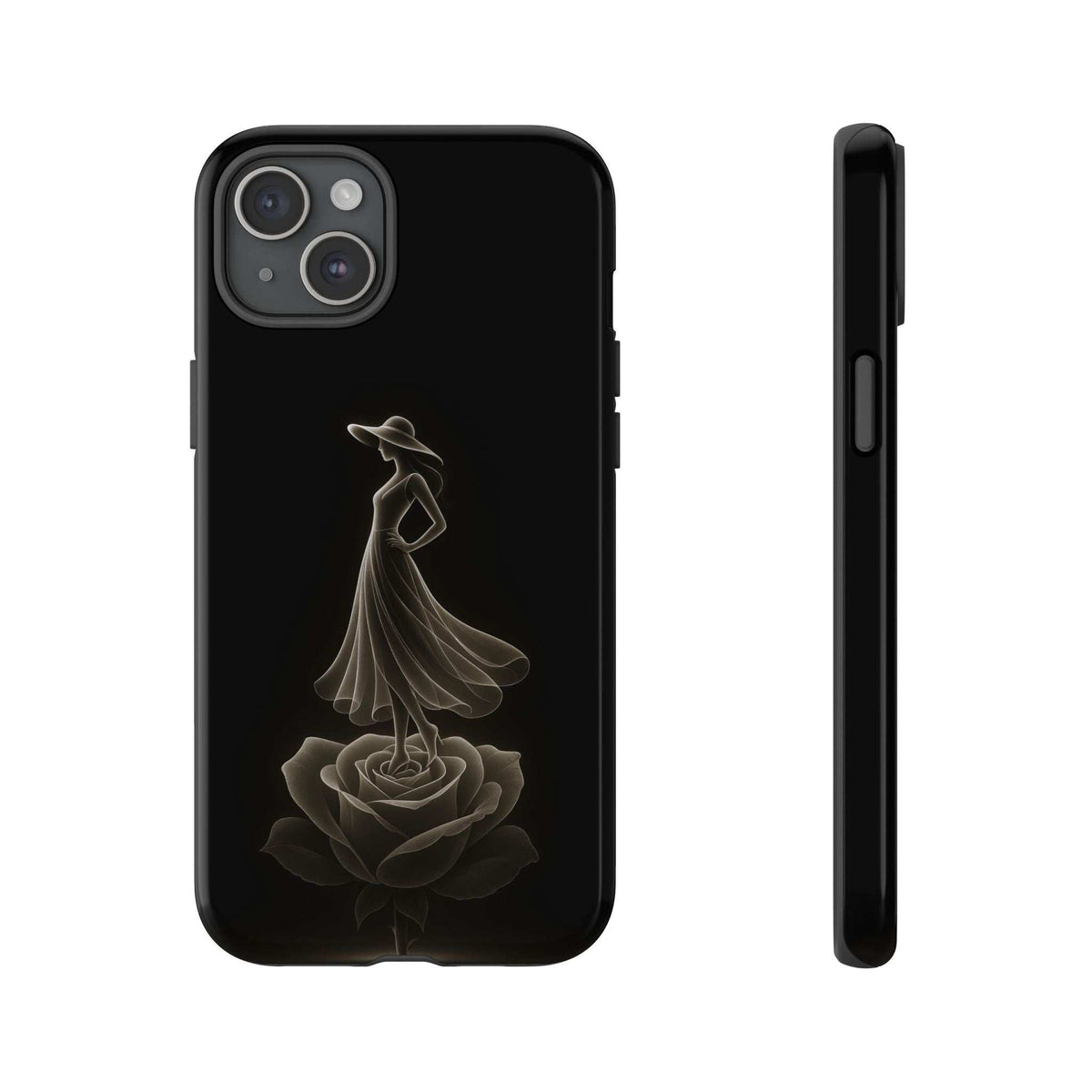 Glossy black phone case with ballerina and rose line art, plus side buttons