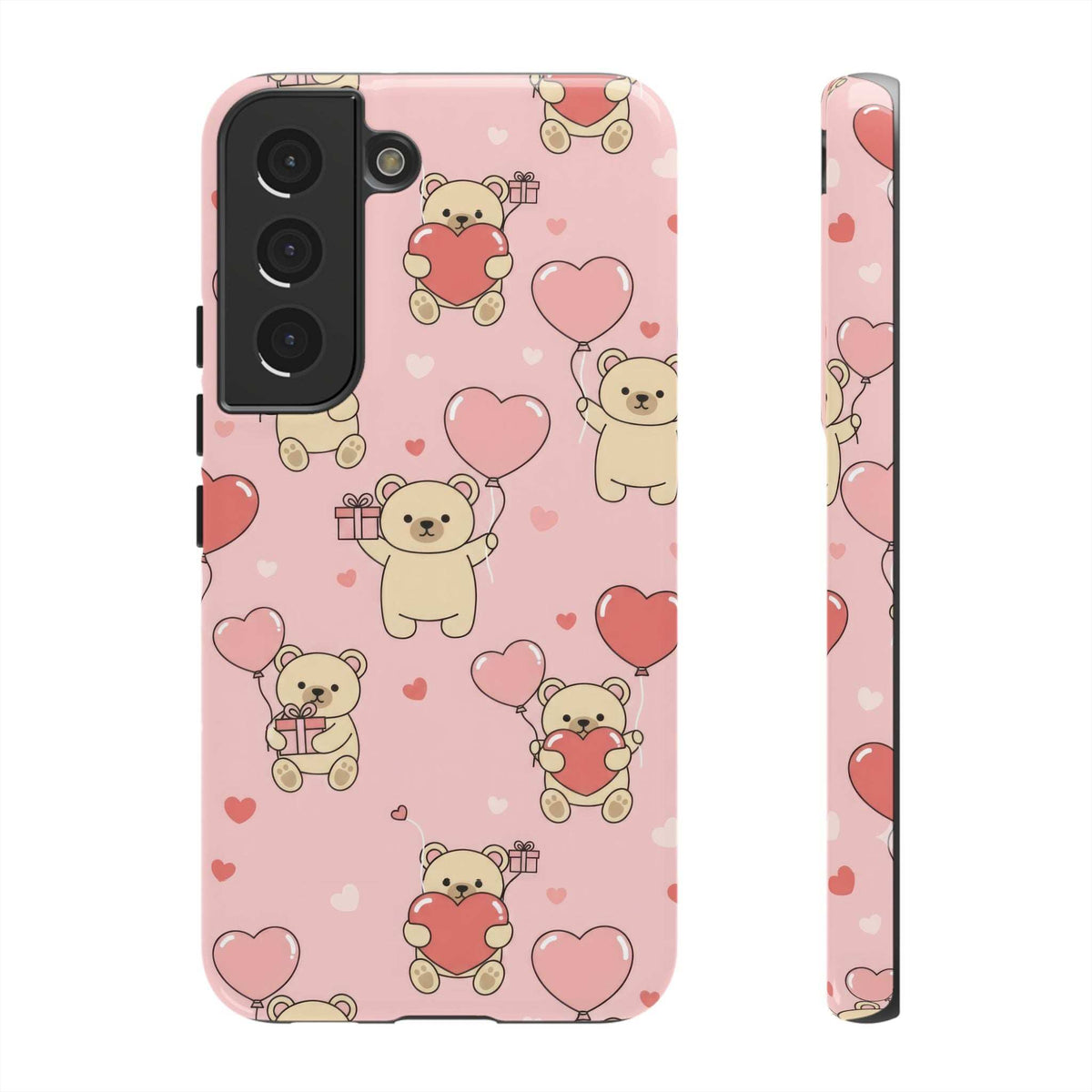 Pink teddy bear and heart pattern phone case with camera cutout and side buttons