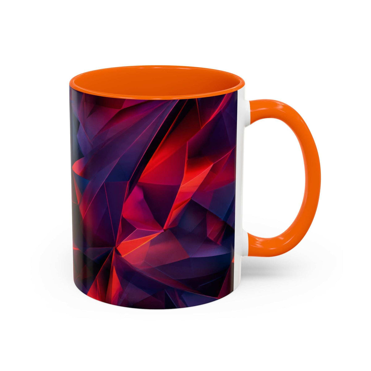 Ceramic accent mug with orange handle and rim; red and purple geometric design panels.