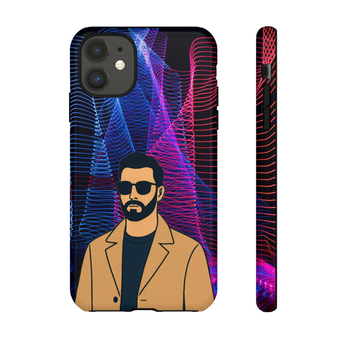 Glossy phone case with illustrated bearded man in tan jacket and neon blue/pink waves