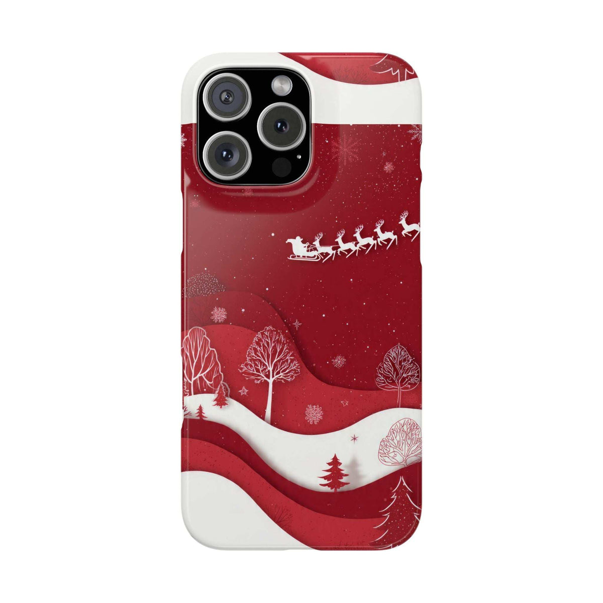 Red winter phone case with sleigh procession, forest trees, and snow speckles