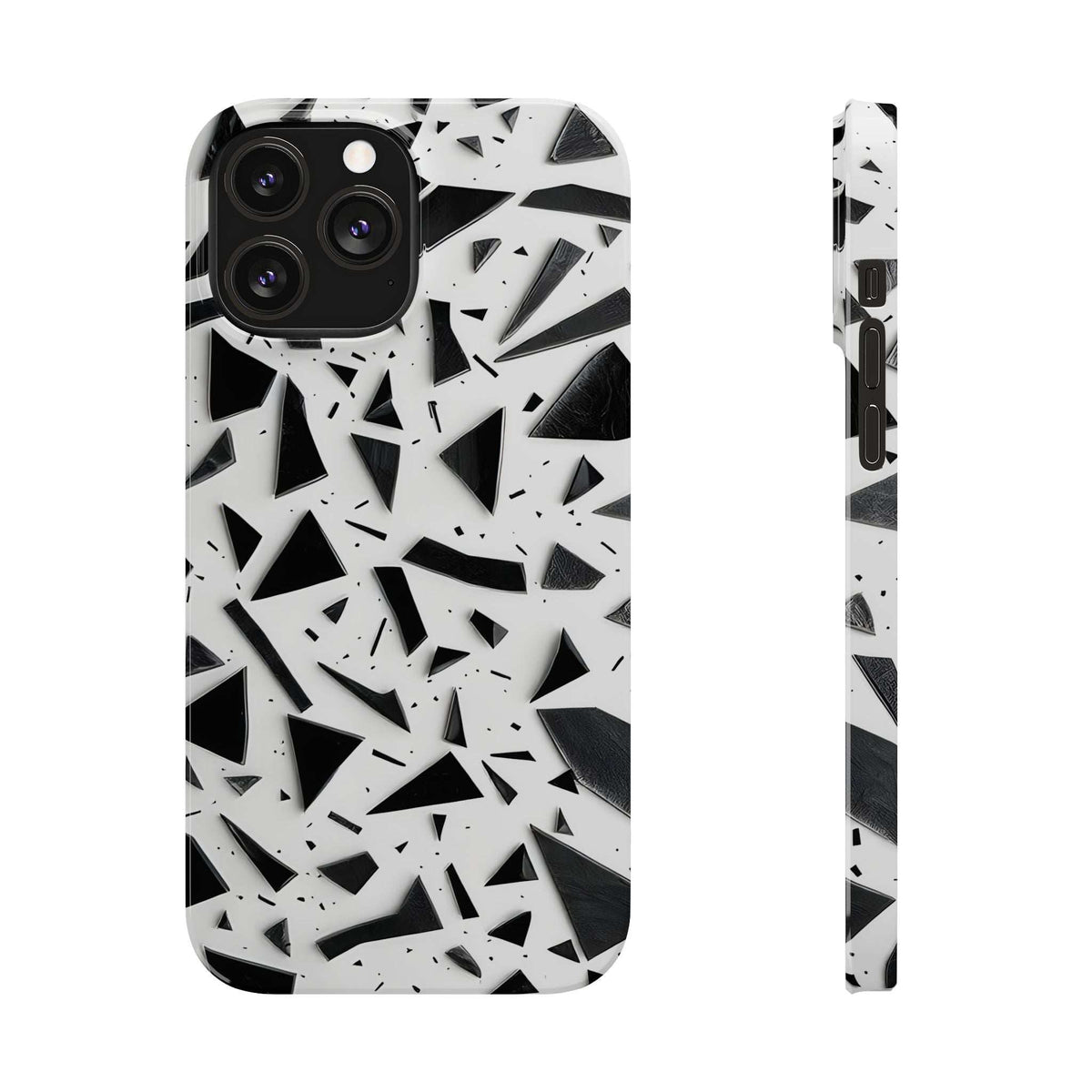 Slim phone case with black and white abstract shards, side profile with button openings