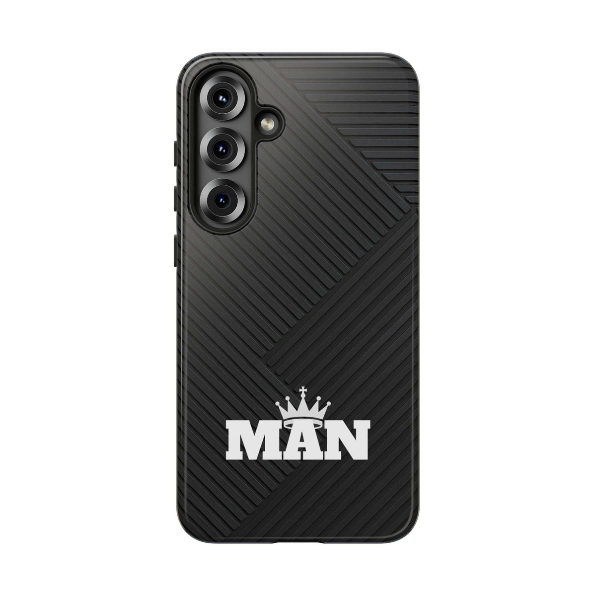 Black phone case with MAN logo, textured diagonal ridges, camera lens openings