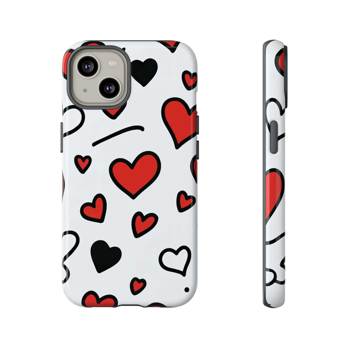 White phone case with scattered hearts pattern in red and black, angled view with camera lens cutouts