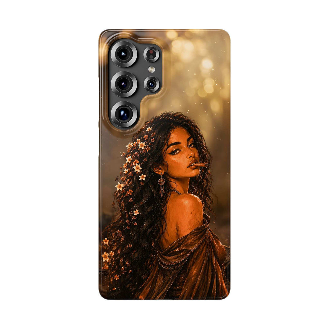 Glossy phone case with dark portrait of a woman with floral details and camera cutouts