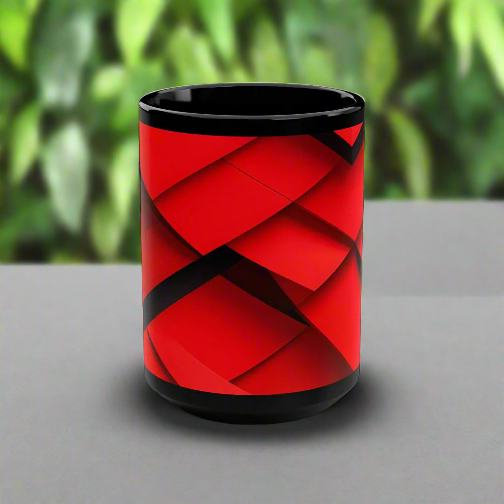 Geometric Red & Black Mug – Abstract Lines Design, 15oz - KARARMDESIGN