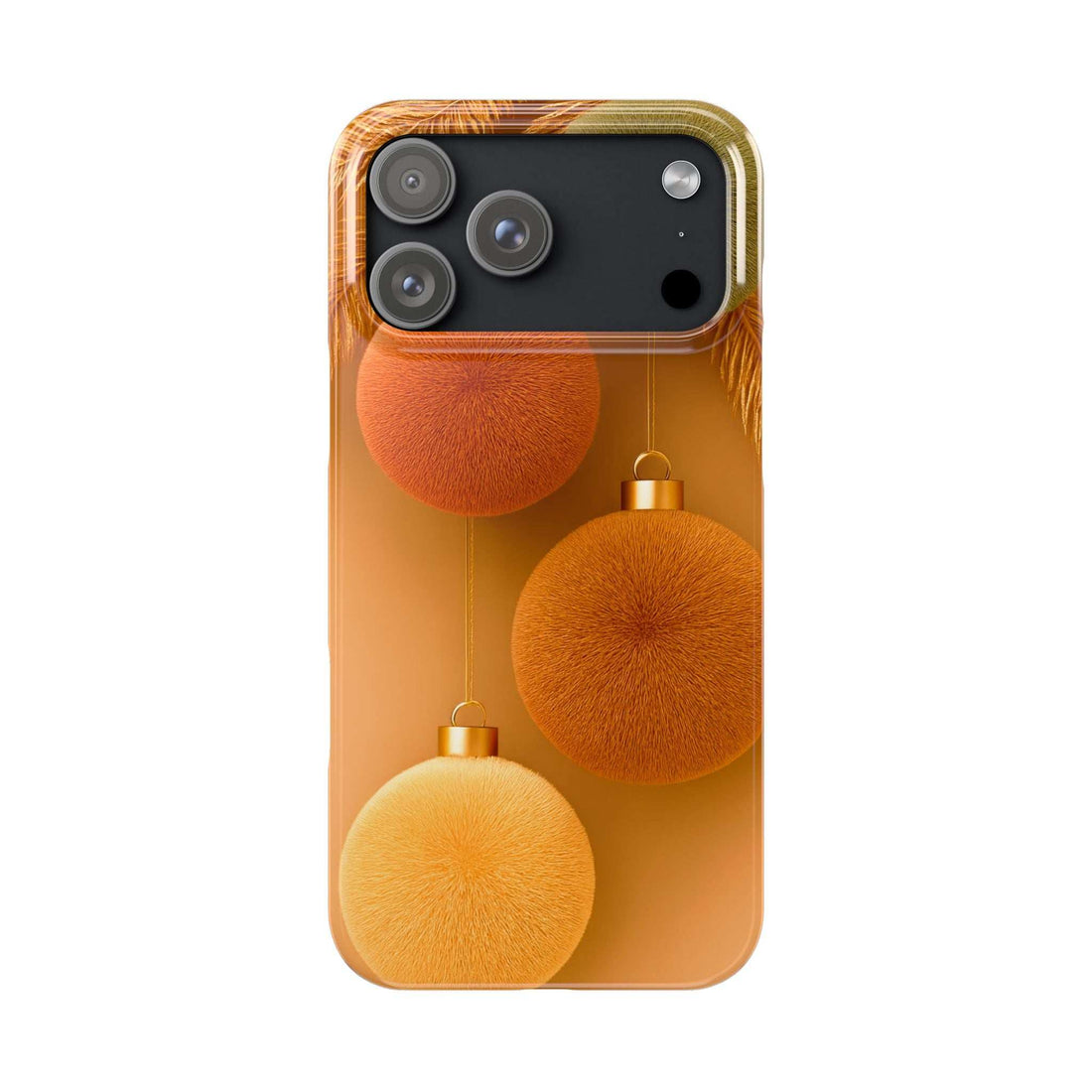 Phone case back with orange pom-pom ornaments and gold string details; camera cutouts visible.