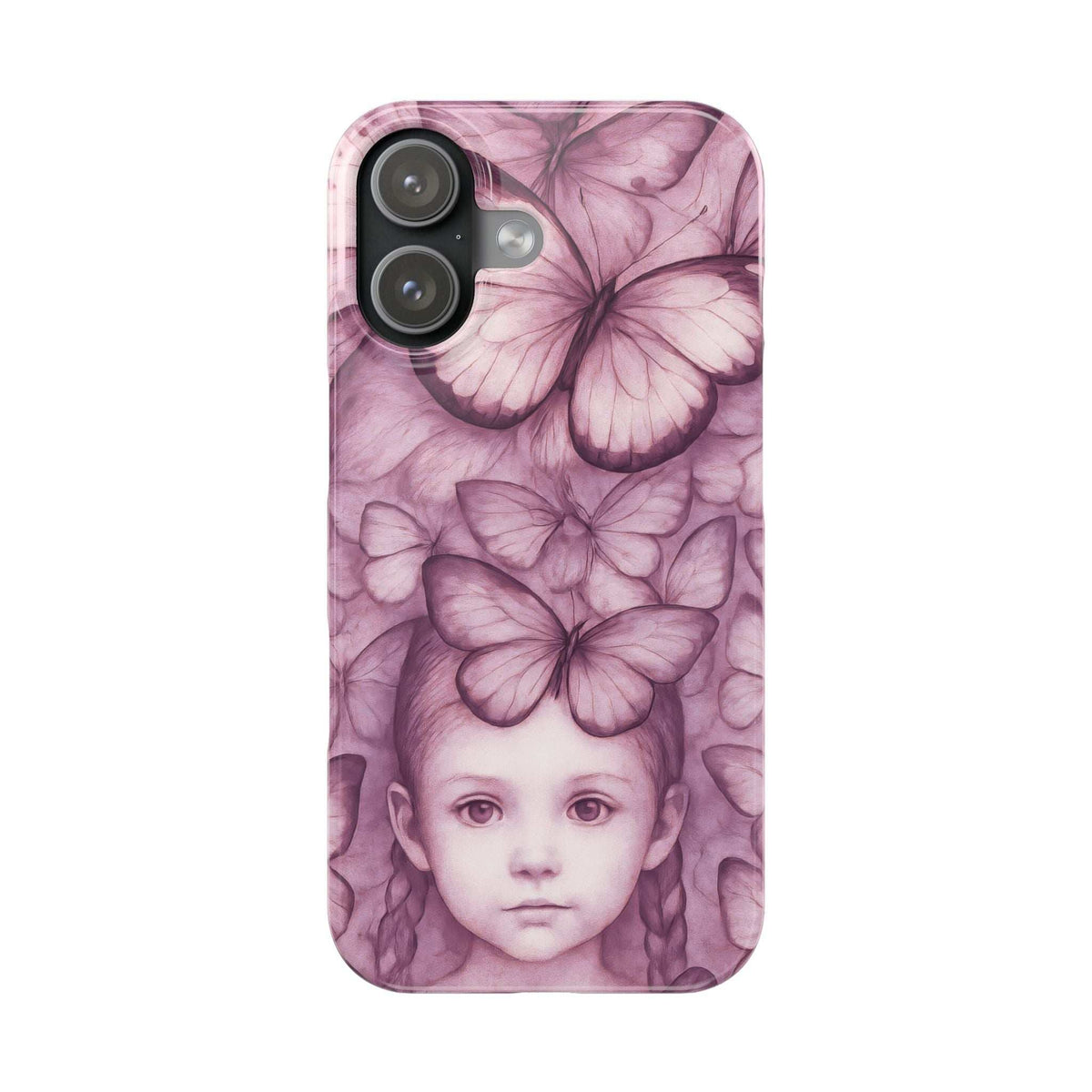 Purple phone case with soft butterfly print and young girl face; corner rounded edges.