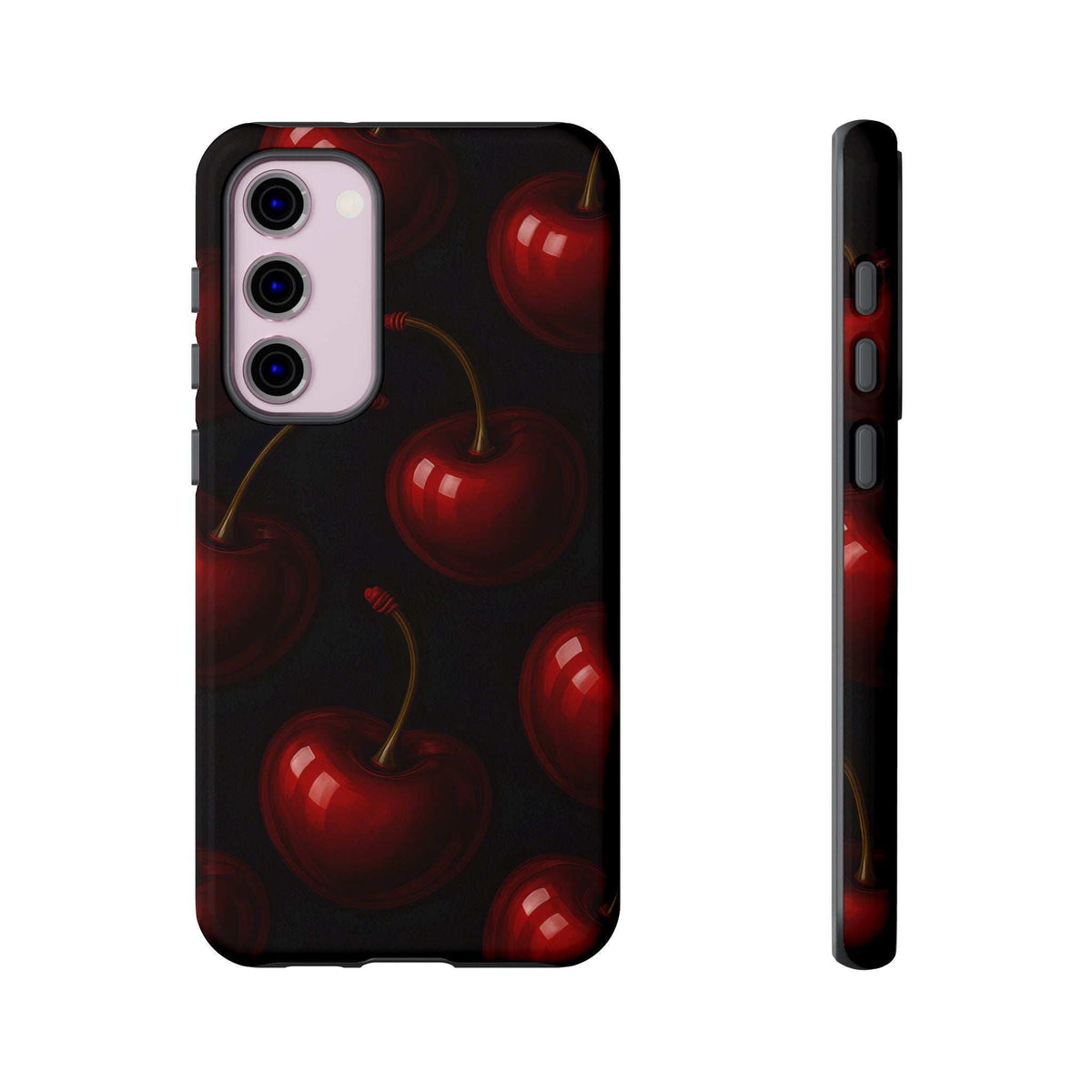 Glossy phone case with red cherries on black, camera cutouts and slim protective side