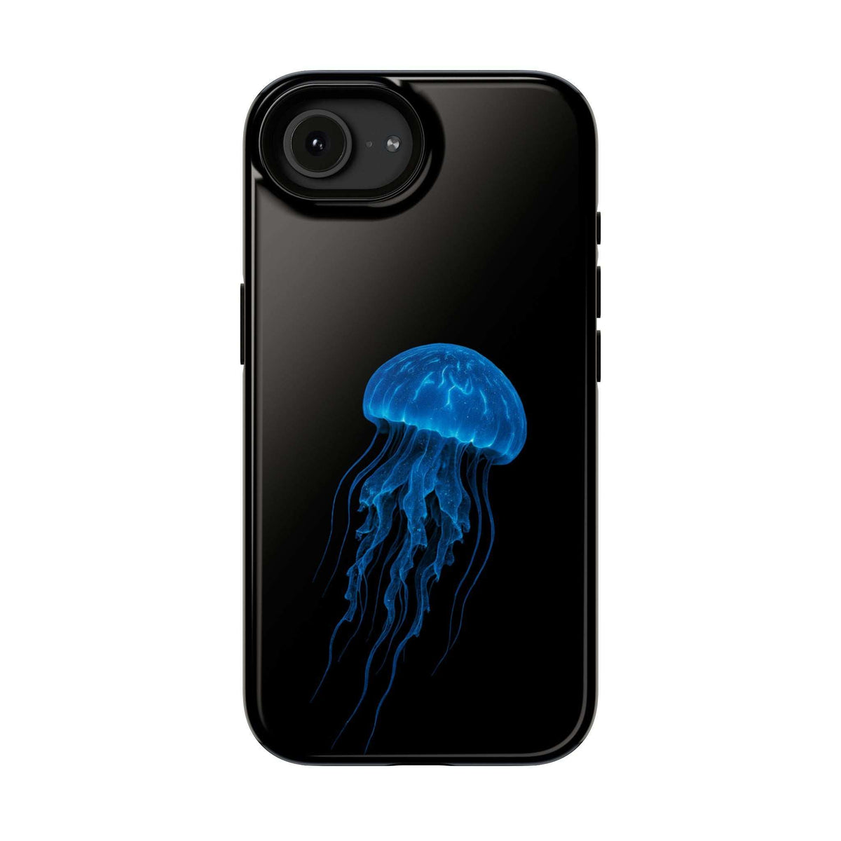 Black phone case with blue jellyfish graphic and large top camera opening