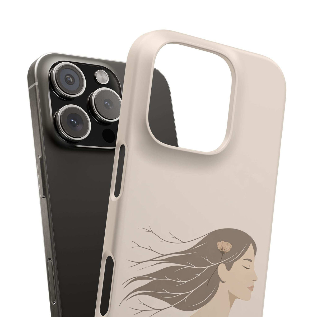 Cream phone case with floral woman line art, wide camera cutout and protective bumper