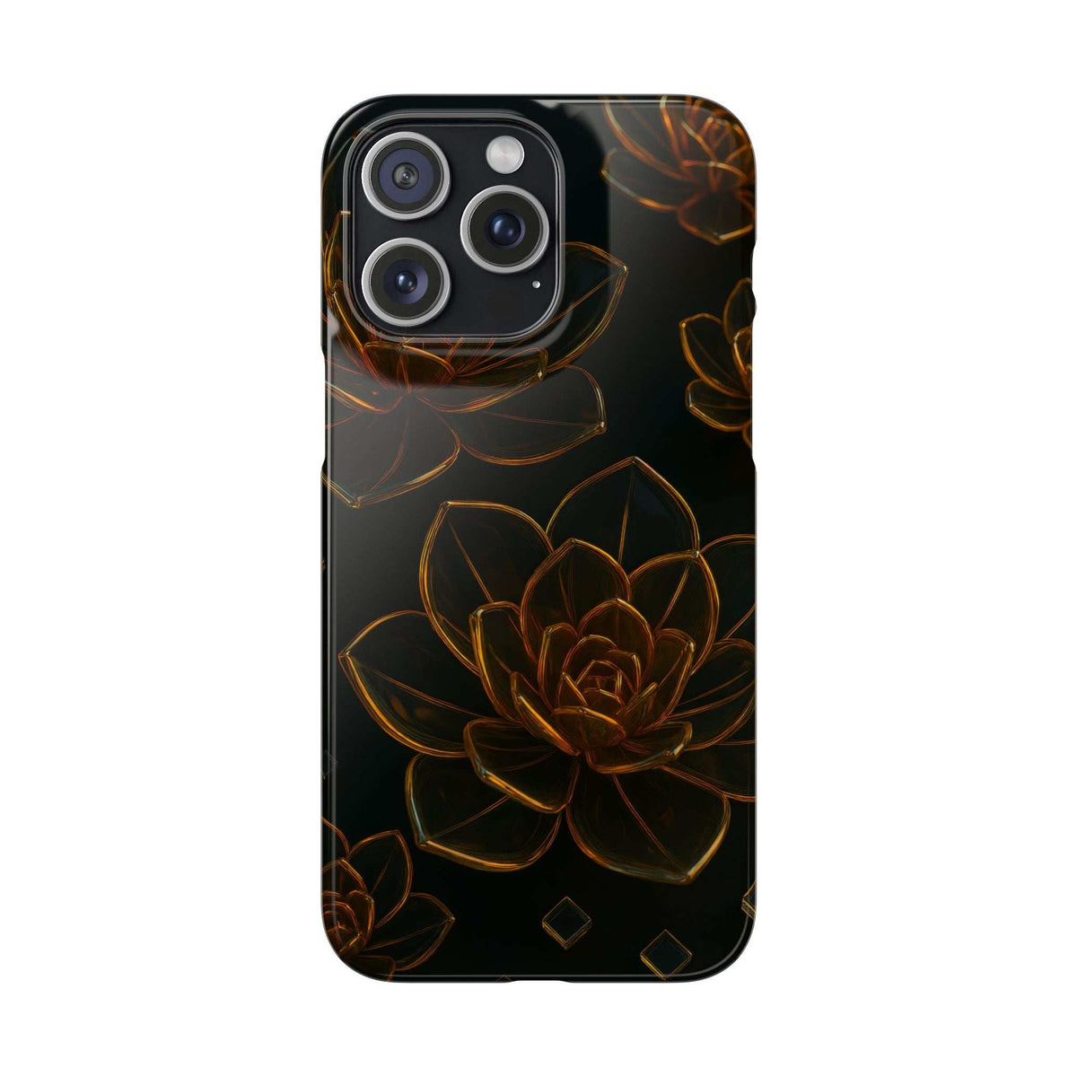 Glossy black glass phone case with gold-brown flower artwork and triple camera module