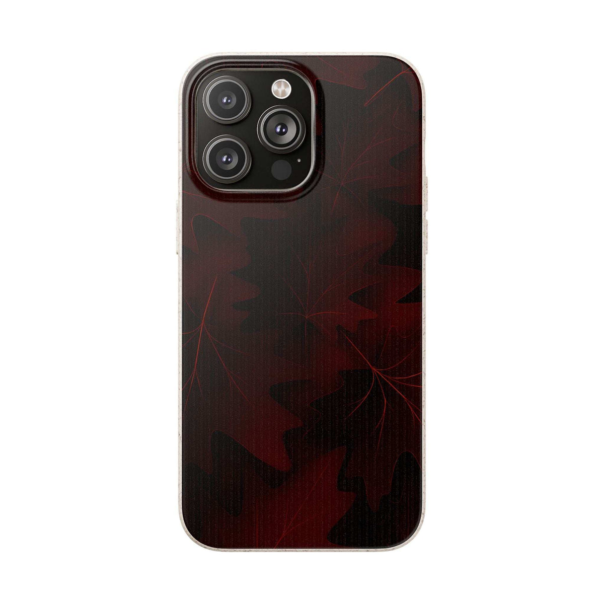 Maroon phone case featuring leaf pattern with triple camera cutout and raised edges