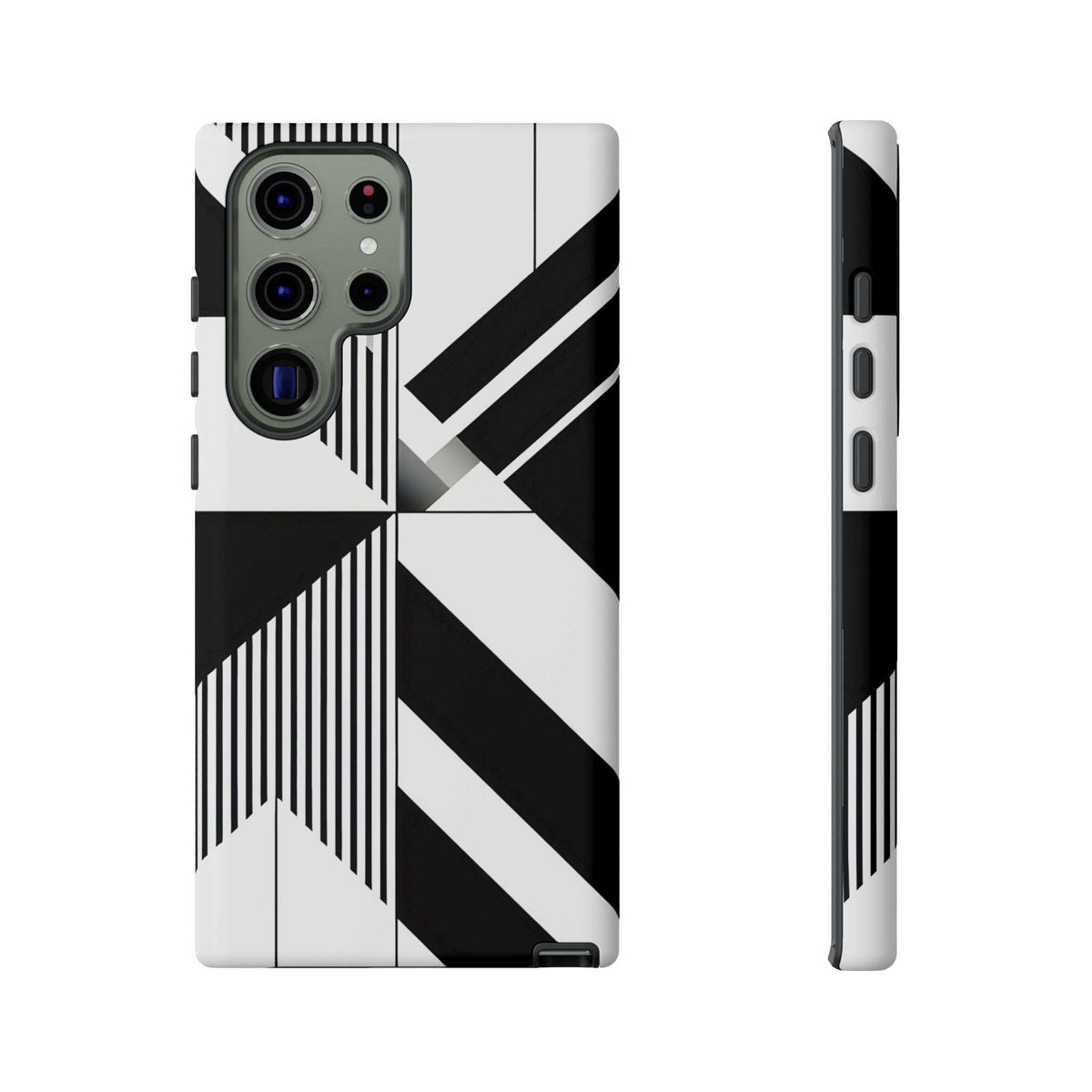 Tough phone case featuring black-and-white stripes with raised camera protectors