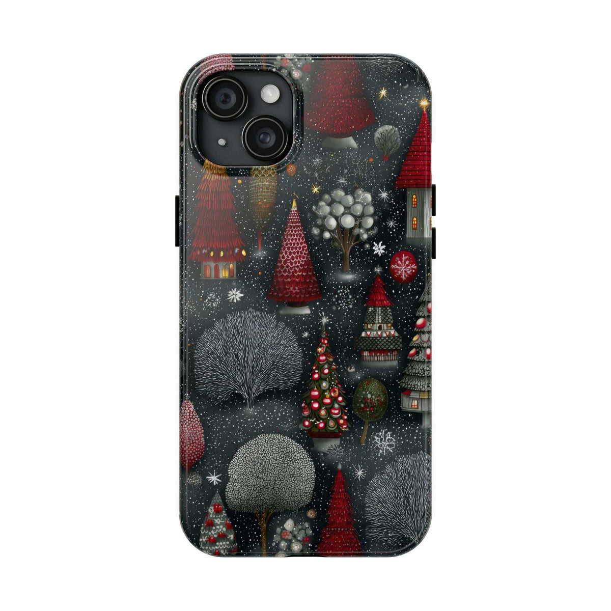 Frosted phone case with dark snowy woodland village pattern, red accents, and frosted finish
