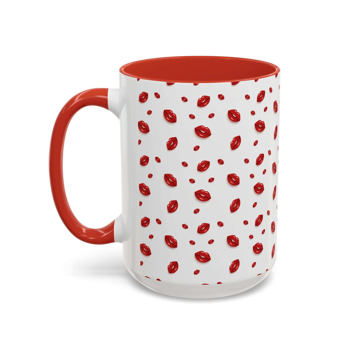 Hot lips accent coffee mug with red-orange handle, white body, and red lips pattern.