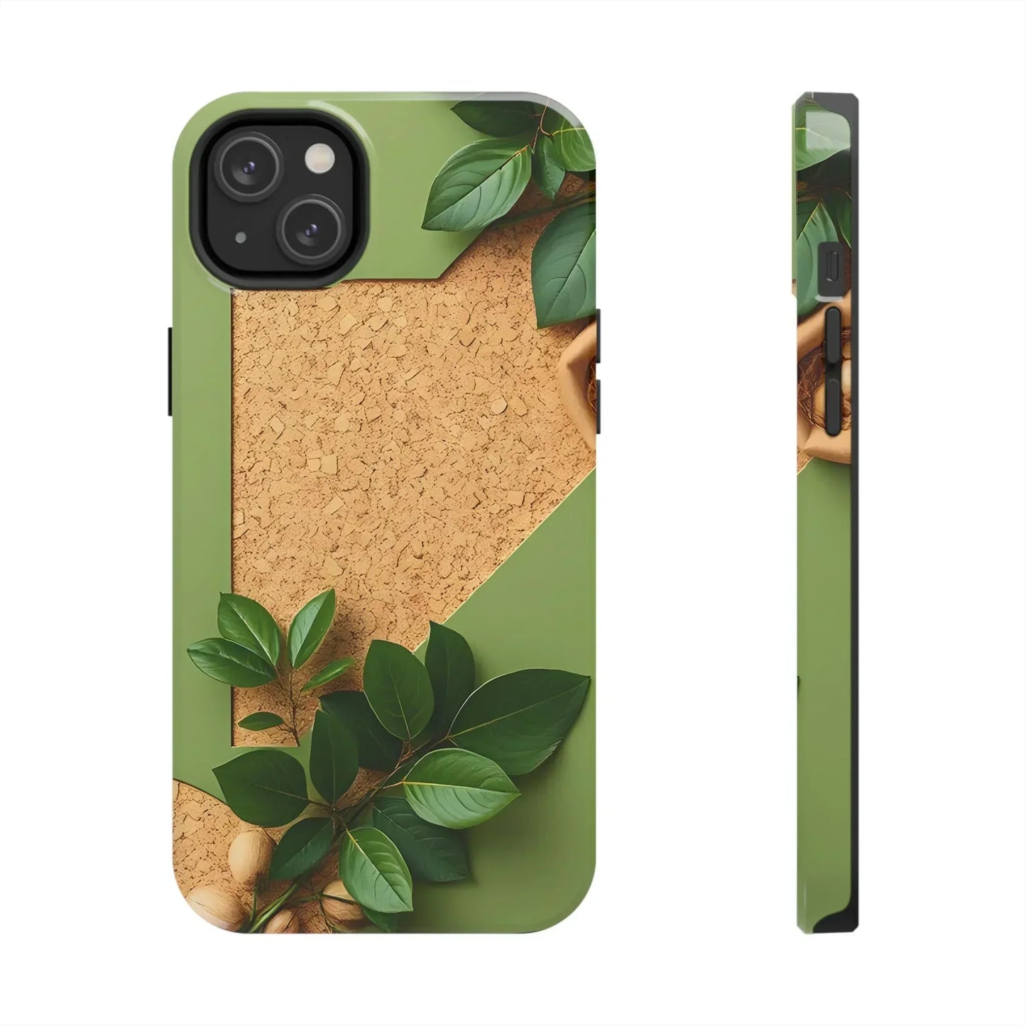 Eco-Inspired Tough Phone Case – Cork Texture with Leaf & Seed Design for iPhone 7-16 and Samsung Galaxy S21-S24 - KarArmDesign