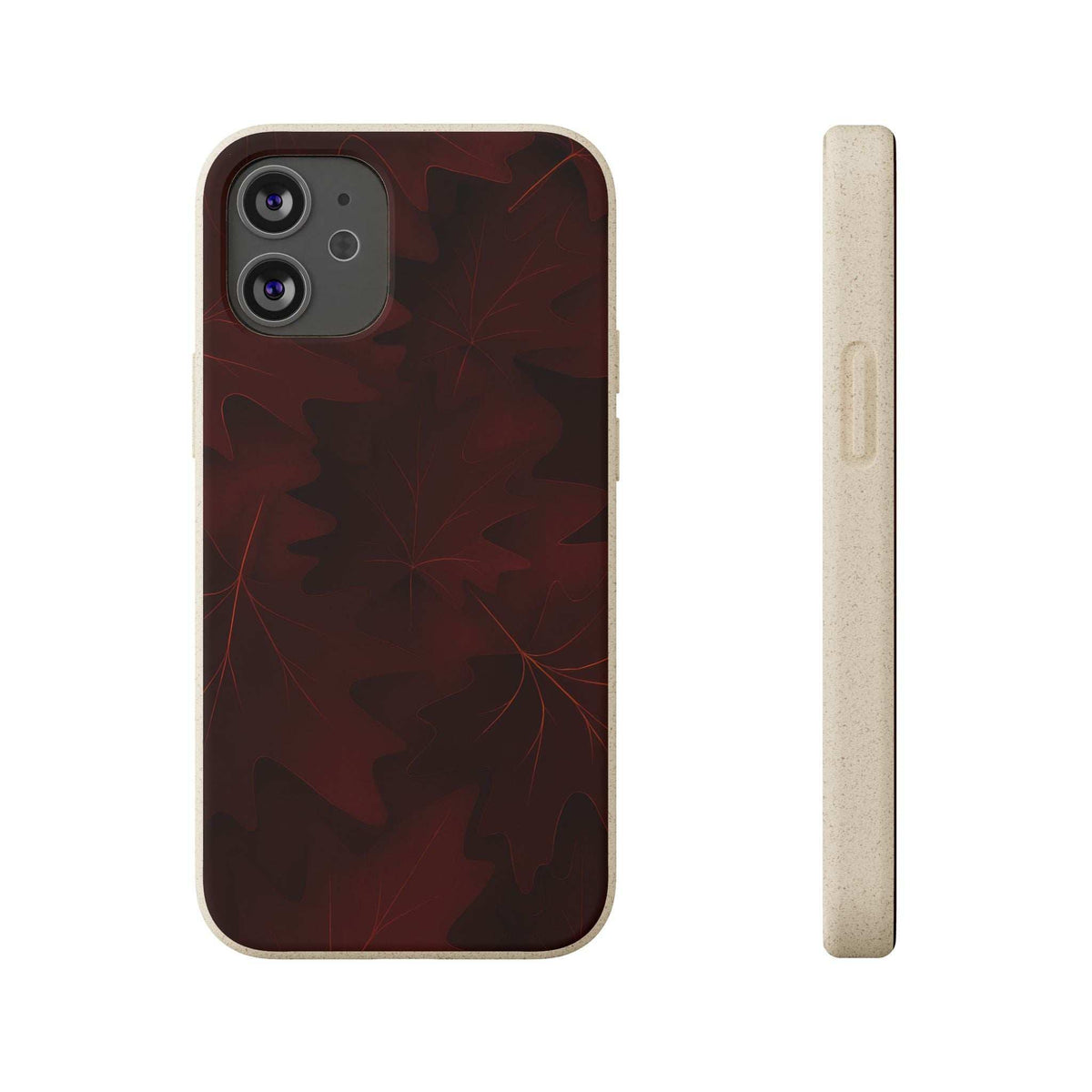 Dark leaf-pattern phone case front-facing view with side button and port cutouts
