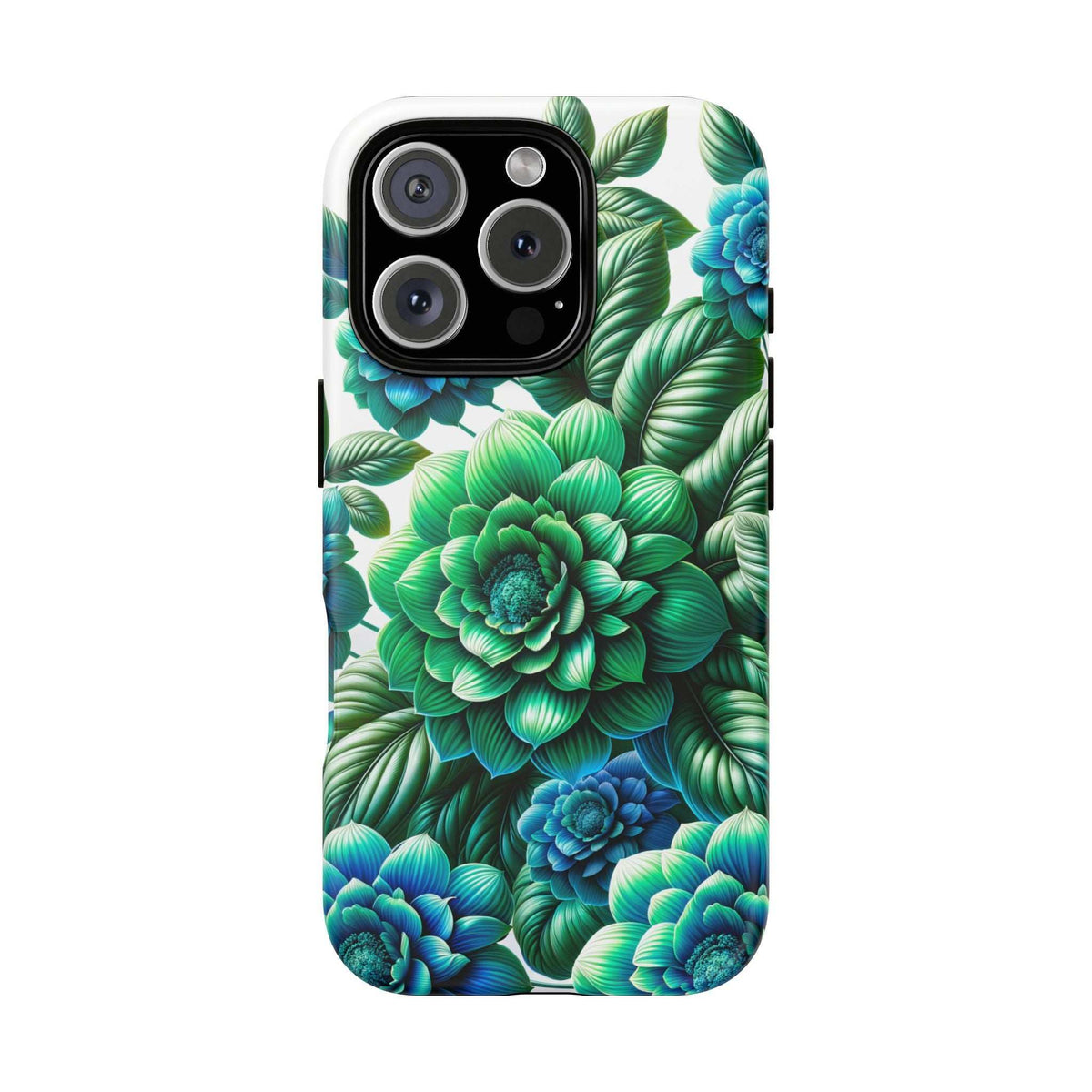 Green and blue floral phone case with leaf-and-blossom pattern across the back