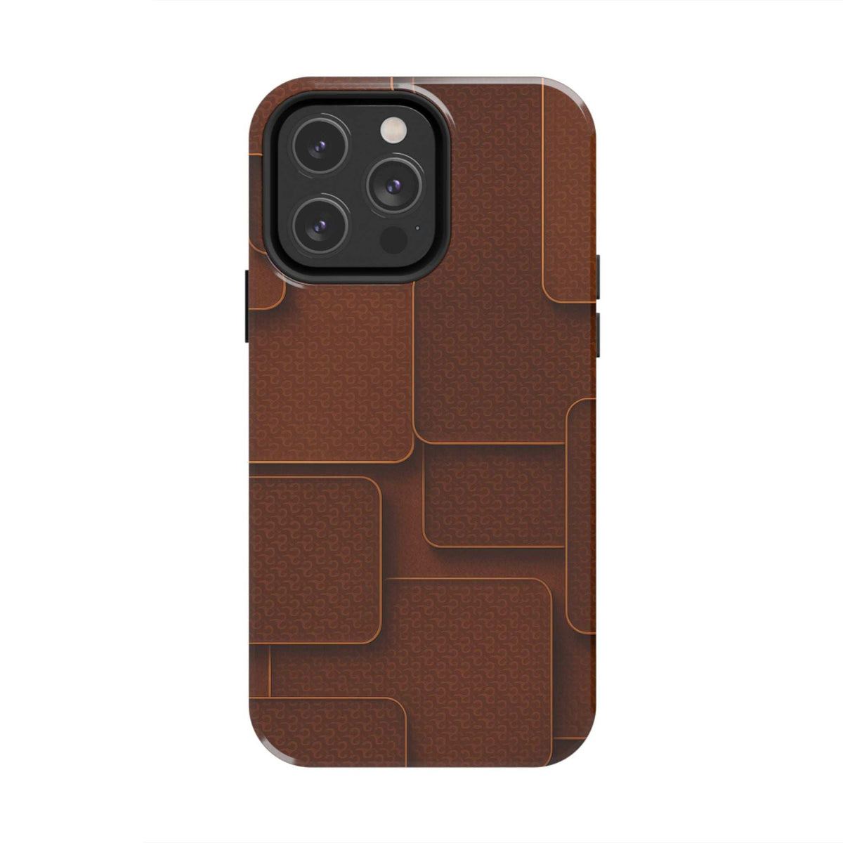 Brown textured phone case with camera cutout and embossed panel texture