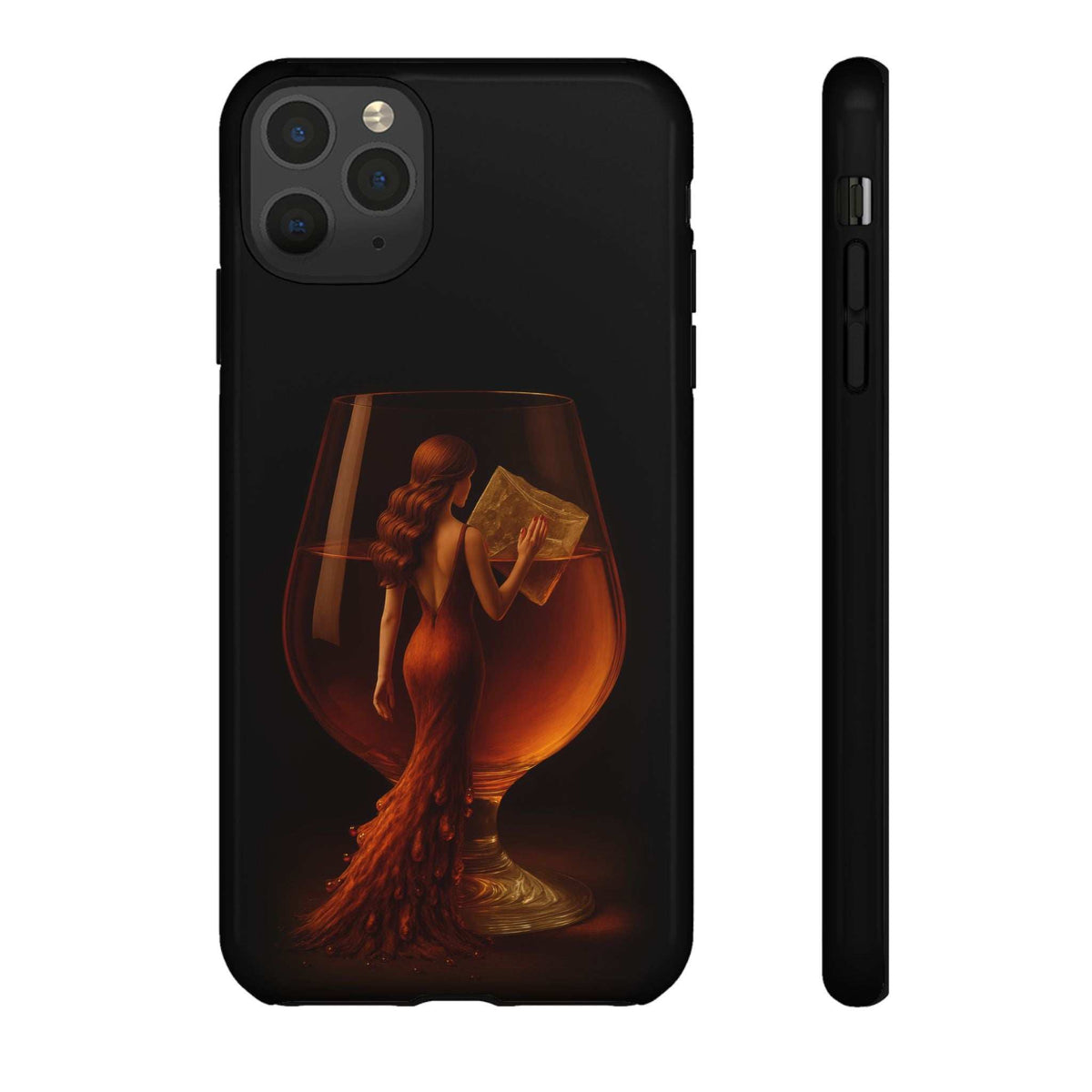 Glossy black phone case with figure and goblet graphic, raised camera cutouts